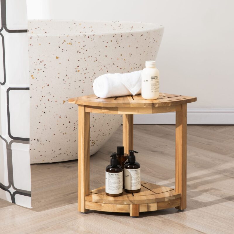 Acacia Corner Shower Stool Waterproof Bath Bench with Shelf