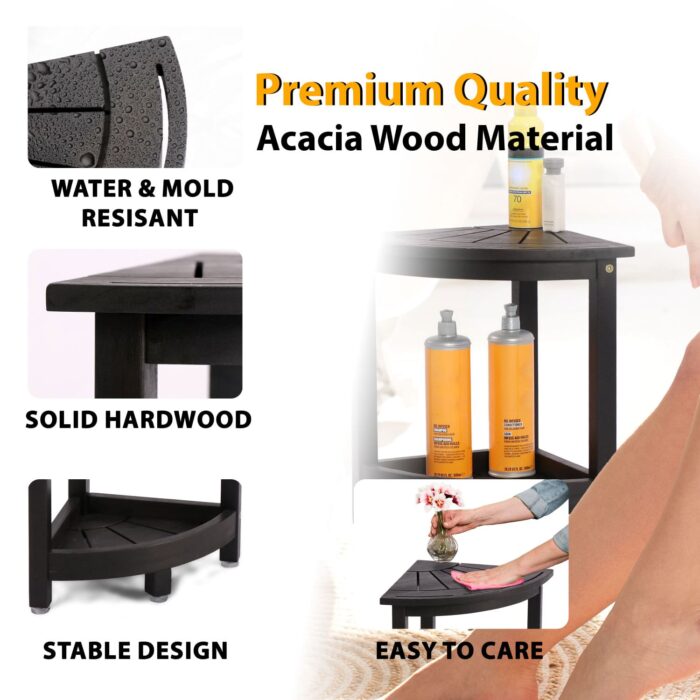 Acacia Corner Shower Stool Waterproof Bath Bench with Shelf