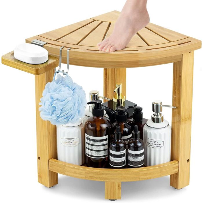Acacia Corner Shower Stool Waterproof Bath Bench with Shelf
