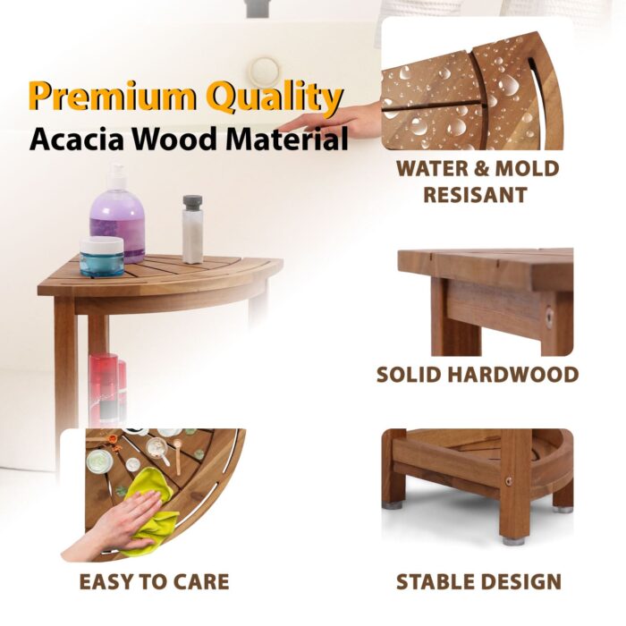 Acacia Corner Shower Stool Waterproof Bath Bench with Shelf