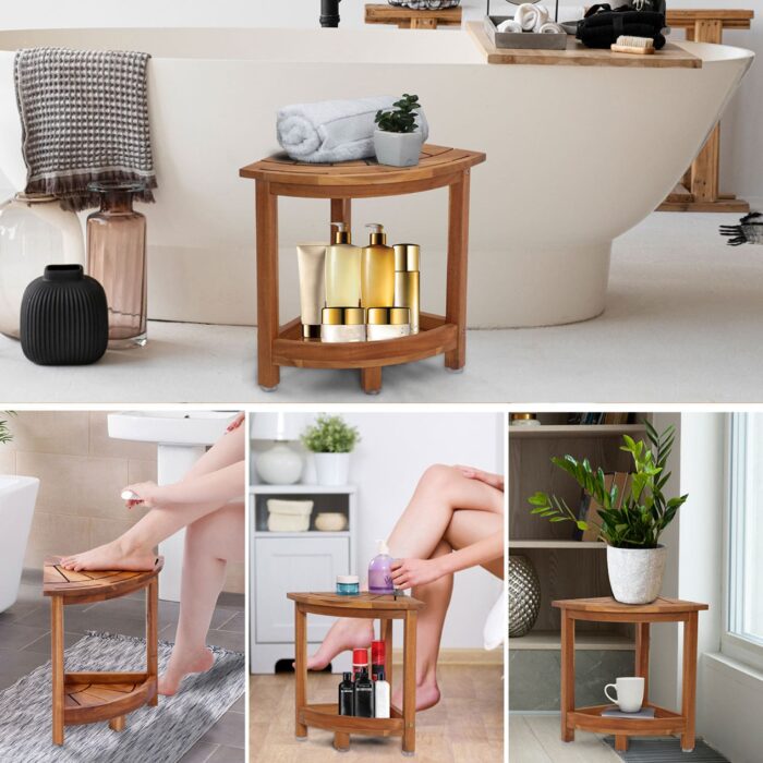 Acacia Corner Shower Stool Waterproof Bath Bench with Shelf