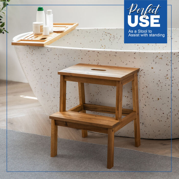 Acacia Wood 2-Step Stool Waterproof for Bathroom & Kitchen