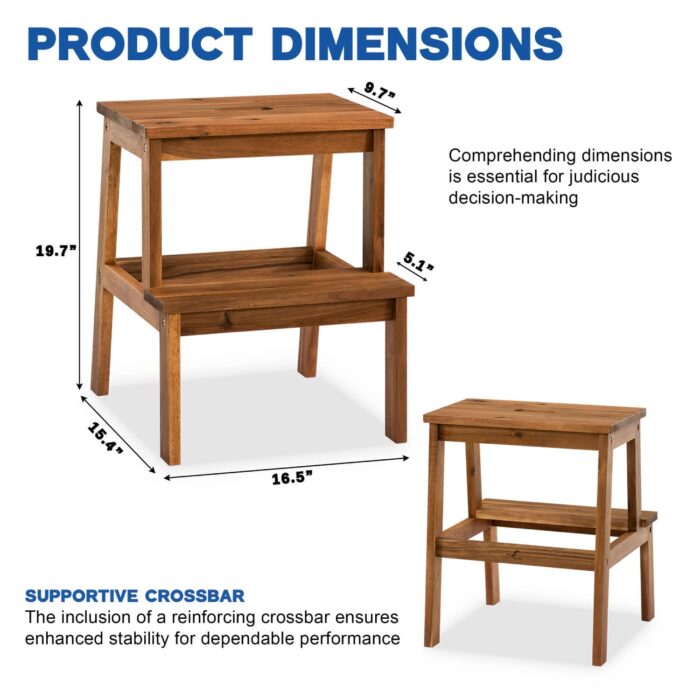 Acacia Wood 2-Step Stool Waterproof for Bathroom & Kitchen