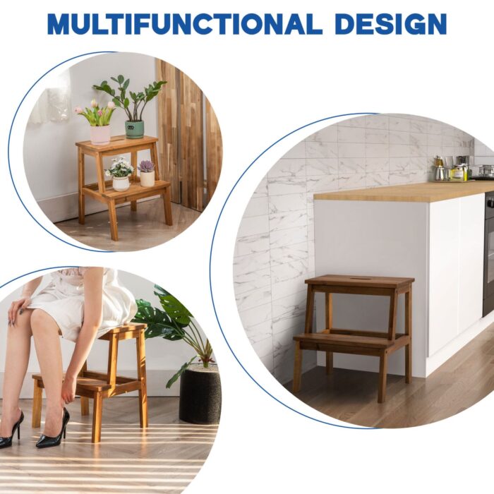 Acacia Wood 2-Step Stool Waterproof for Bathroom & Kitchen