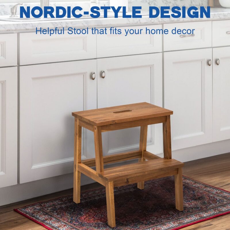 Acacia Wood 2-Step Stool Waterproof for Bathroom & Kitchen