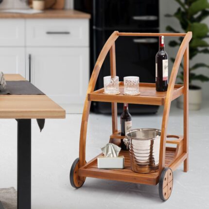 Acacia Wood Bar Cart Rolling Coffee & Drink Cart