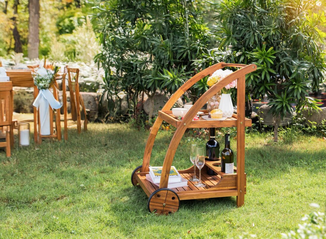 Acacia Wood Bar Cart Rolling Coffee & Drink Cart