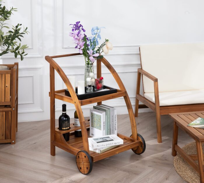Acacia Wood Bar Cart Rolling Coffee & Drink Cart