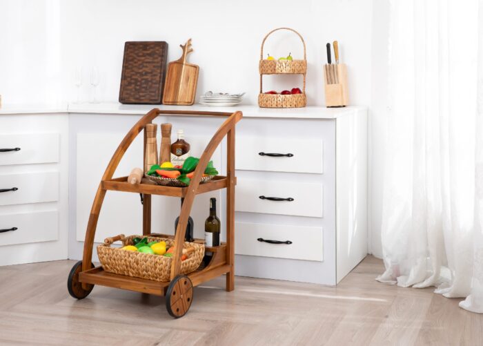 Acacia Wood Bar Cart Rolling Coffee & Drink Cart