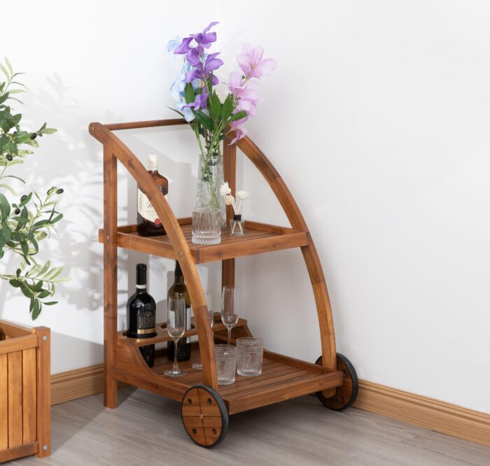 Acacia Wood Bar Cart Rolling Coffee & Drink Cart