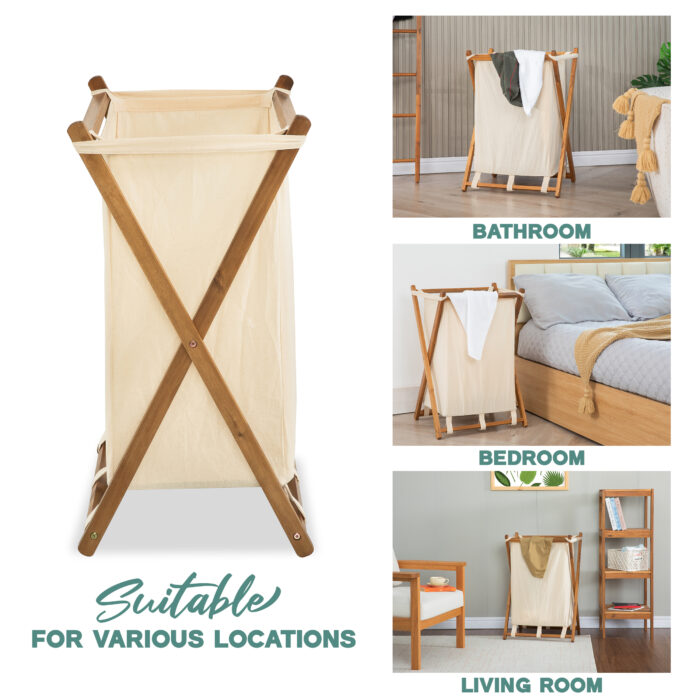 Acacia Wood Folding Laundry Hamper Basket with Handle