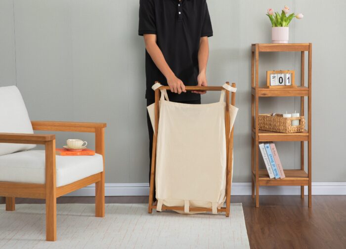 Acacia Wood Folding Laundry Hamper Basket with Handle