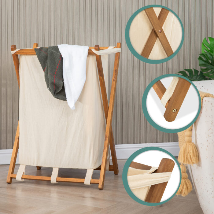Acacia Wood Folding Laundry Hamper Basket with Handle