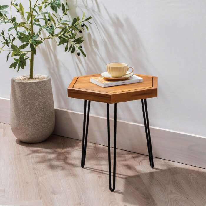 Hexagon Side Table Natural Wood for Living Room