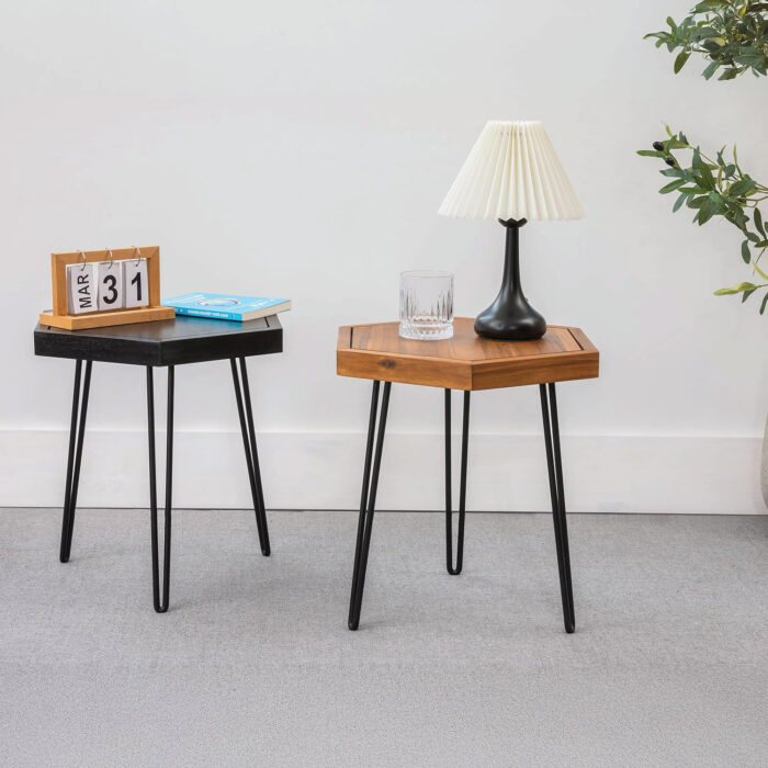 Hexagon Side Table Natural Wood for Living Room