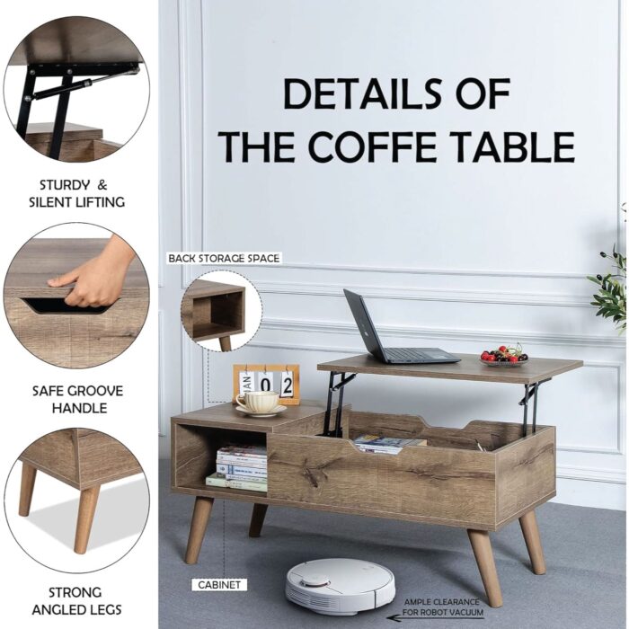 Lift-Top Coffee Table with Hidden Storage for Living Room